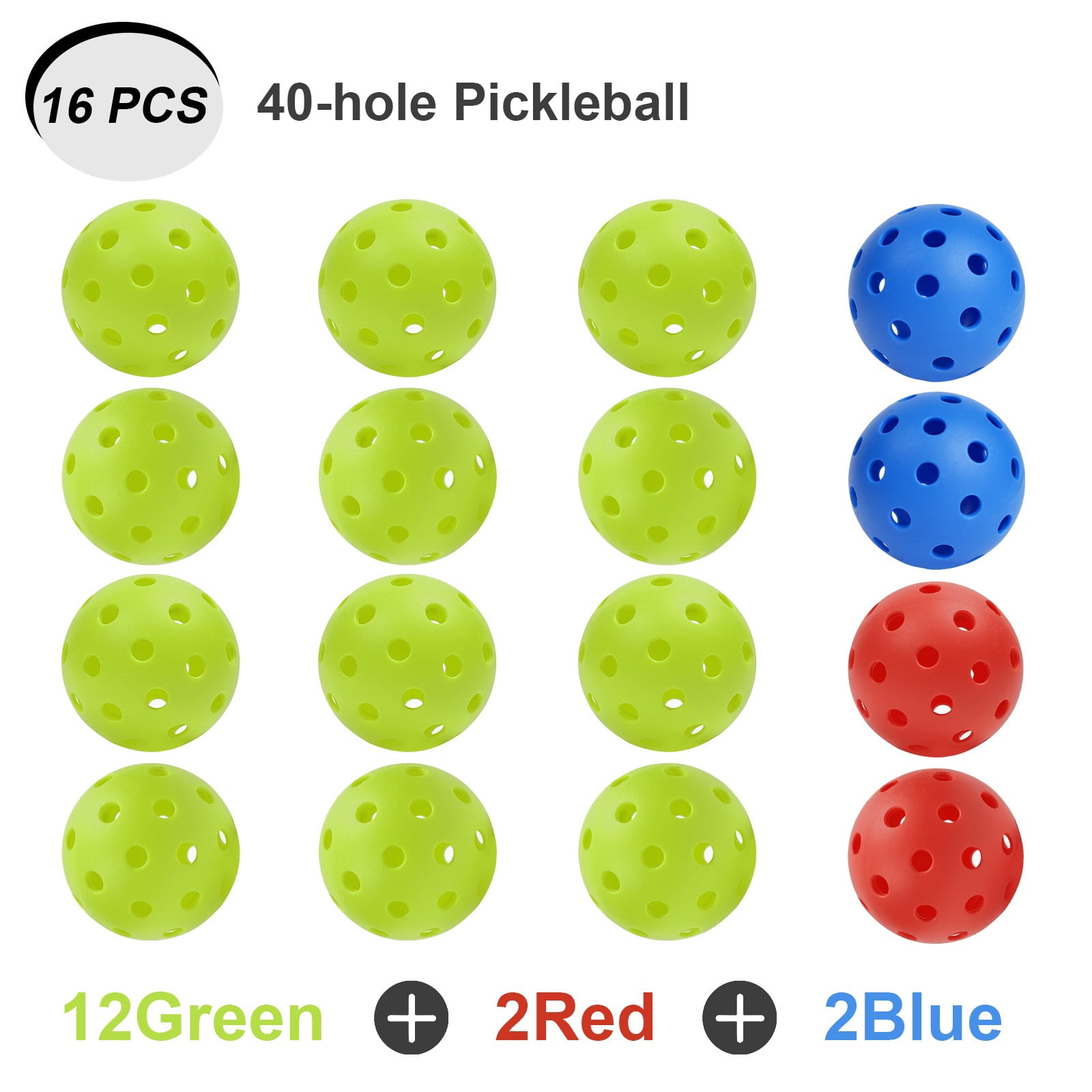 Koomade 16 Pack Pickleball Balls 40 Holes Indoor/Outdoor 12 Pack Green+2 Pack Red+ 2 Pack Blue