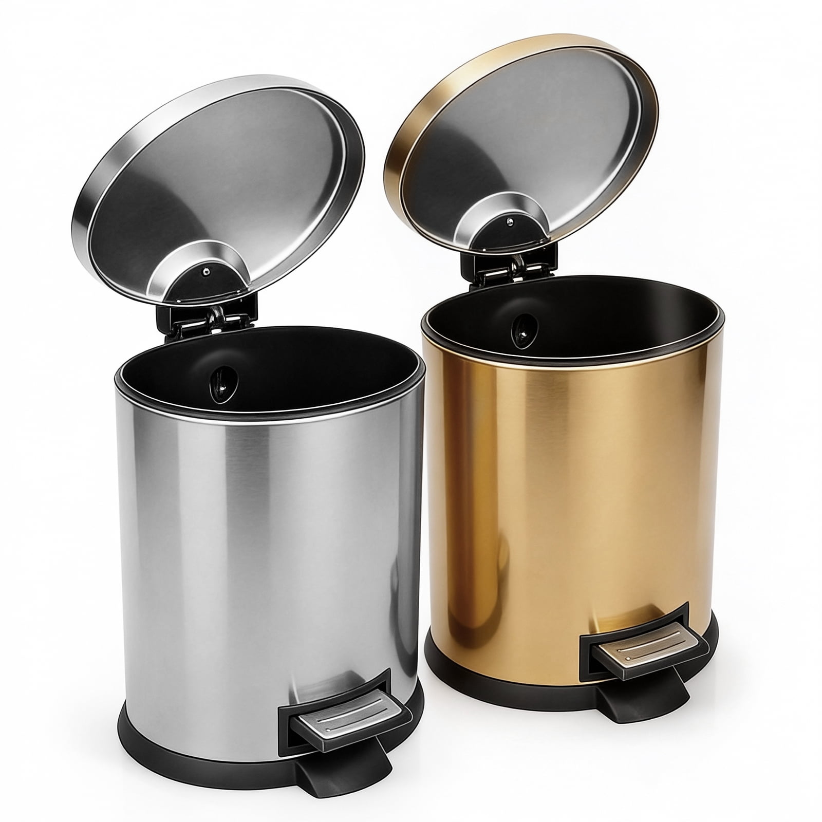 Koomade 2 Pack 1.3 Gallon Stainless Steel Bathroom Trash Can with Lid Garbage Bin, Gold+Silver