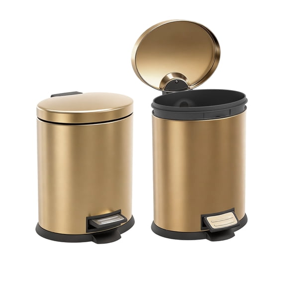 Koomade 2 Pack Bathroom Trash Can, 1.3 Gallon Stainless Steel Step Garbage Bin with Lid, Gold