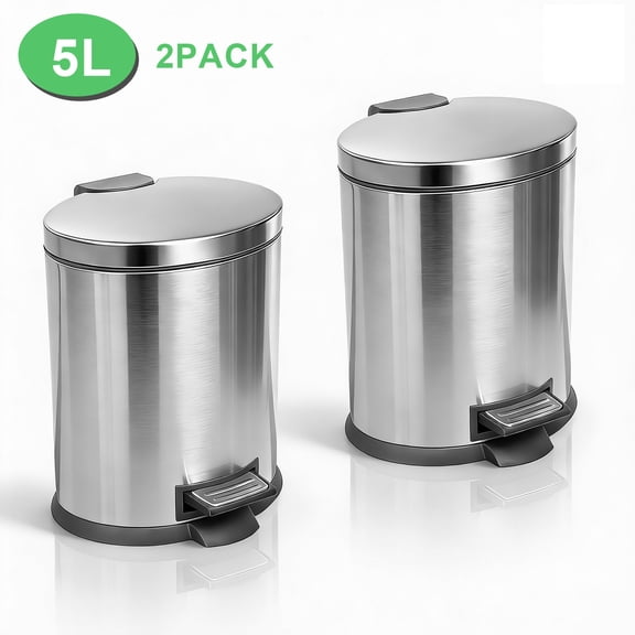 Koomade 2 Pack 1.3 gallon 5L Stainless Steel Bathroom Kitchen Waste Basket Garbage Can Trash Bin with Removable Liner, Silver