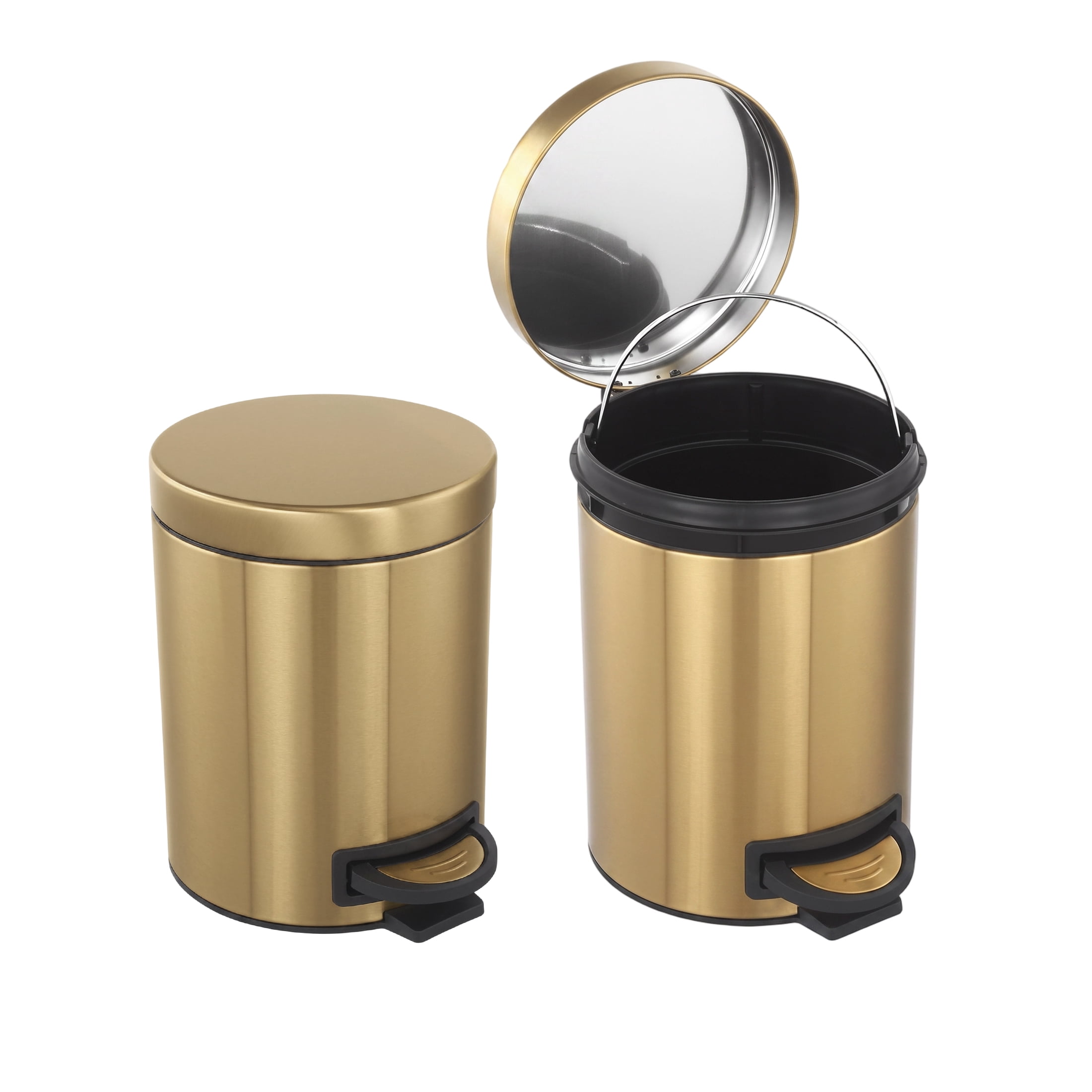 Koomade 2 Pack Bathroom Kitchen Trash Can, 1.3 Gallon Stainless Steel Step Round Garbage Bin, Gold