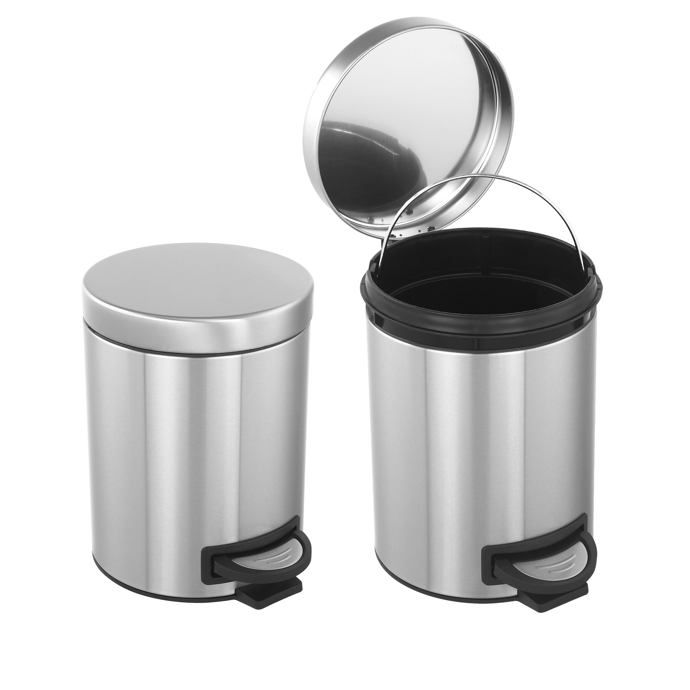 Koomade 2 Pack Bathroom Kitchen Trash Can, 1.3 Gallon Stainless Steel Step Round Garbage Bin, Silver