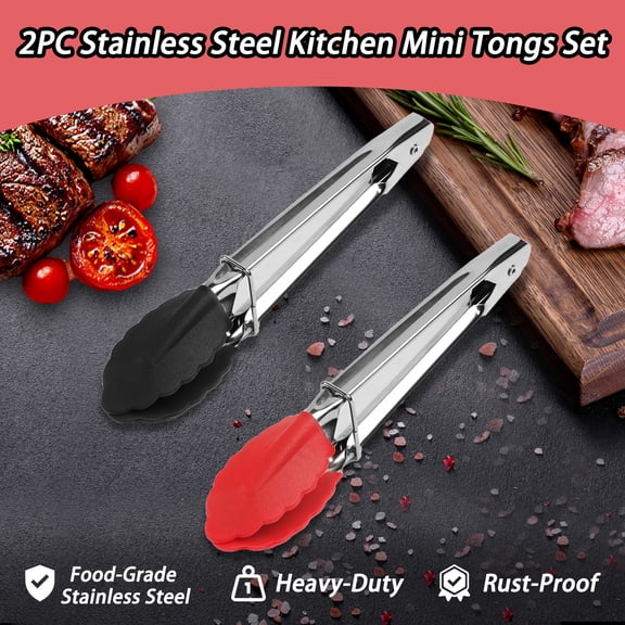Koomade 2 pack Stainless Steel Kitchen Cooking Mini Tongs 7 Inch for Barbeque, Cooking, Grilling Turner, Non Stick Heat Resistant, with Smooth Lock, Black and Red
