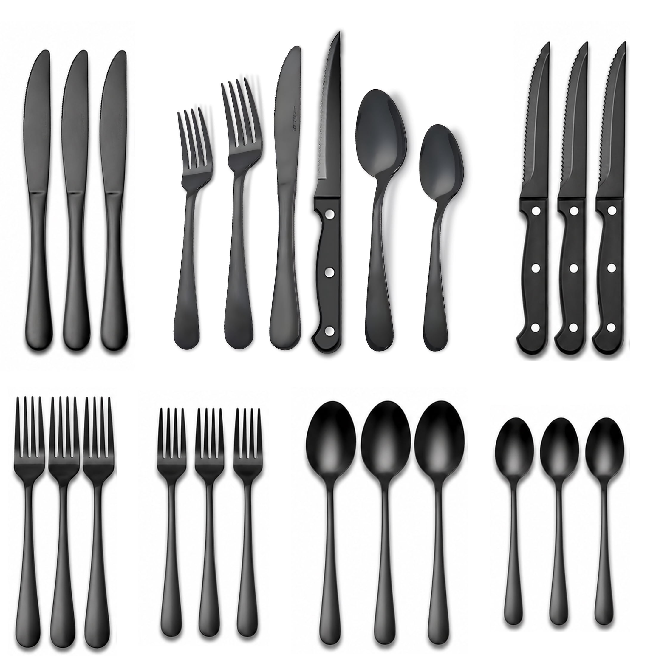 Koomade 24-Piece Flatware Set for 4, Stainless Steel with Steak Knives, Modern Black Silverware Set, Dishwasher Safe