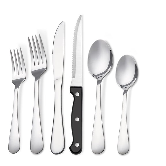Koomade 24-Piece Stainless Steel Flatware Set, 6 Place Settings - Dishwasher Safe Silverware Cutlery Utensil Set with Steak Knives, Forks, Spoons - Mirror Polish Cutlery Set for Daily Use, Silver