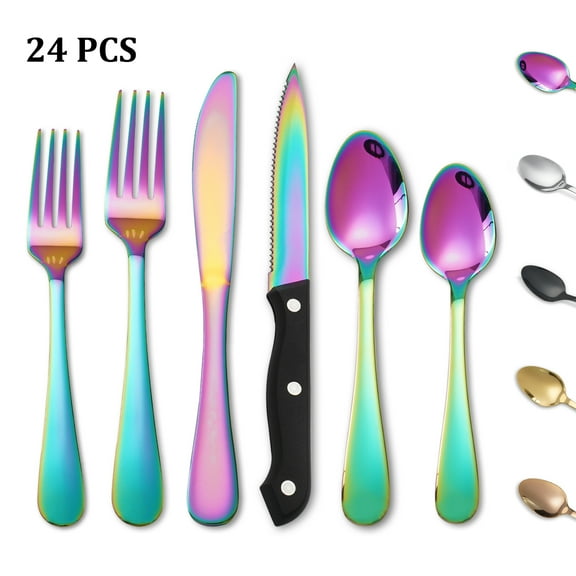 Koomade 24-Piece Stainless Steel Rainbow Flatware Set for 4 with Steak Knives