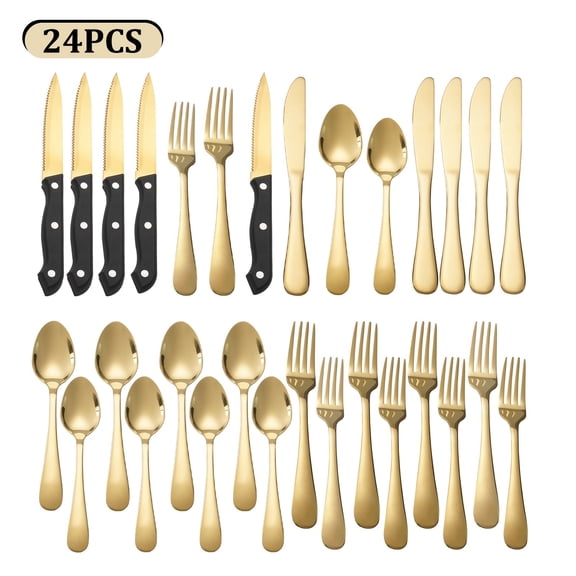 Koomade 24 Piece Stainless Steel Silverware Set - Basic 6-Person Flatware Set with Knives, Forks, Spoons - Dishwasher Safe, Durable & Lightweight for Home or RV, Gold