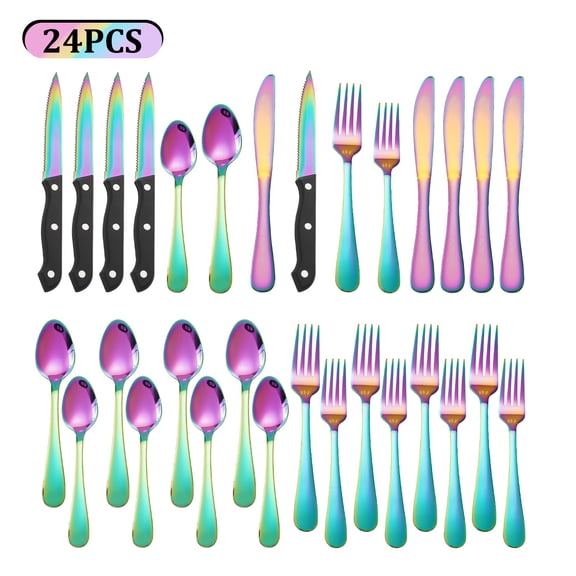KOOMADE 24-Piece Mirror Polish Rainbow Stainless Steel Flatware Sets Service for 4