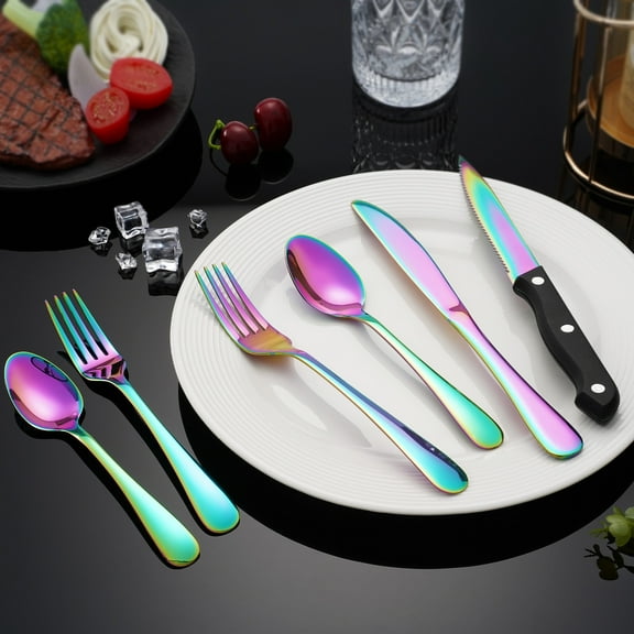 Koomade 24 Piece Stainless Steel Silverware Set - Basic 6-Person Flatware Set with Knives, Forks, Spoons - Dishwasher Safe, Durable & Lightweight for Home or RV, Rainbow