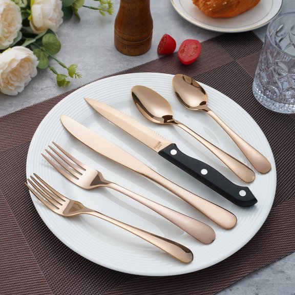 Koomade 24 Piece Stainless Steel Silverware Set - Basic 6-Person Flatware Set with Knives, Forks, Spoons - Dishwasher Safe, Durable & Lightweight for Home or RV, Rose Gold