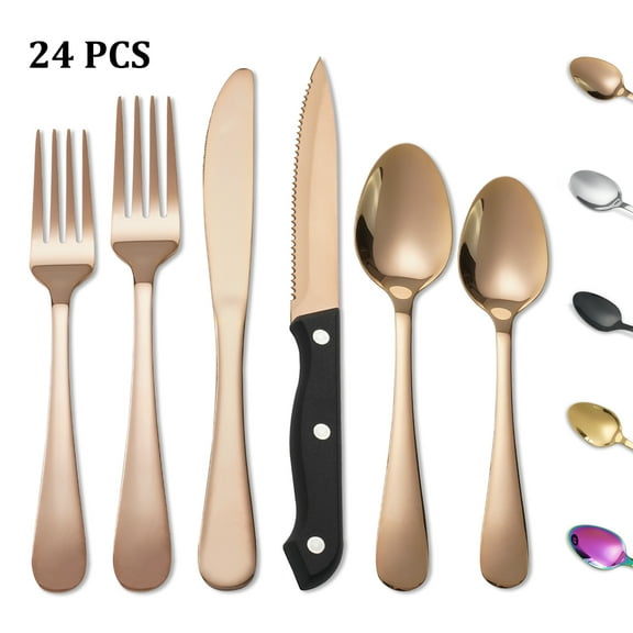 Koomade 24 Pieces Flatware Set For 4, with Steak Knives, Stainless Steel Cutlery Set, Mirror Polished, Tableware Utensils for Home Kitchen Restaurant Hotel, Dishwasher Safe, Rose Gold