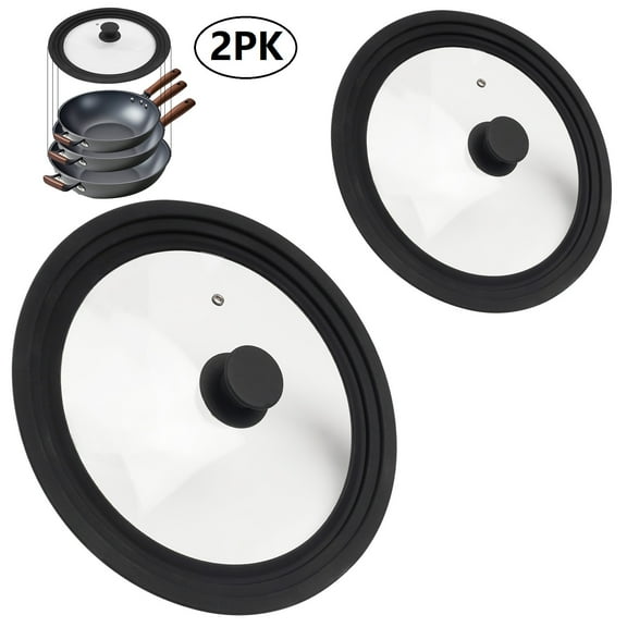 Koomade 2PCS Universal Pan Lid Pot Glass Pot Lid with Silicone Rim for 10 to 12 Cookware