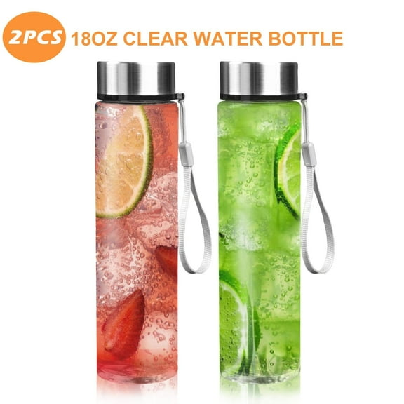 Koomade 2pcs 18oz Plastic Clear Water Bottles, With Strap Reusable Containers, Drinks Bottles for Juice Containers, Smoothie and Homemade Beverages