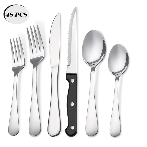 Koomade 48-Piece Silverware Set for 12 - Stainless Steel Flatware Set for Everyday, Weddings, Parties - Includes Steak Knives, Salad Forks, Teaspoons - Dishwasher Safe, Silver