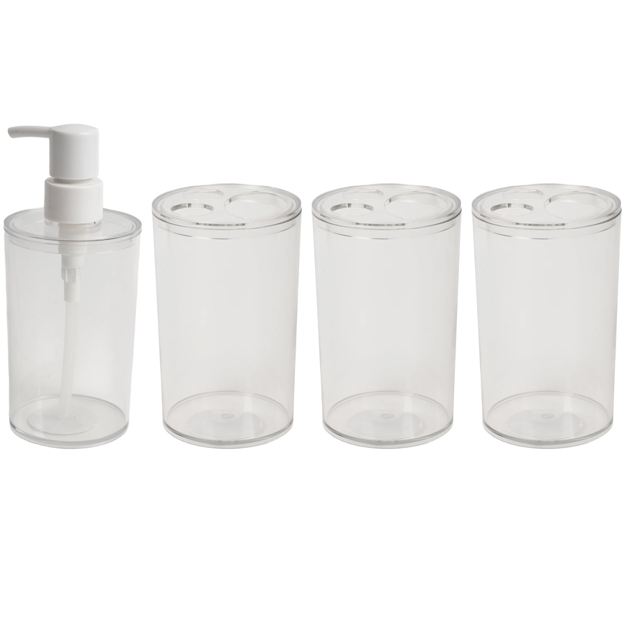 Koomade Clear Plastic 3 Toothbrush Holders + 1pc Soap Dispenser Bathroom Organization Set