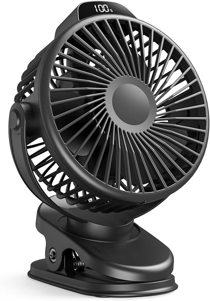 Koonie Portable Clip On Fan, Small USB Fan Battery Operated, 3 Speed Rechargeable Mini Fan With LED Display, 360 Rotate Personal Cooling Desk Fan for Stroller Travel Camping Golf Gym