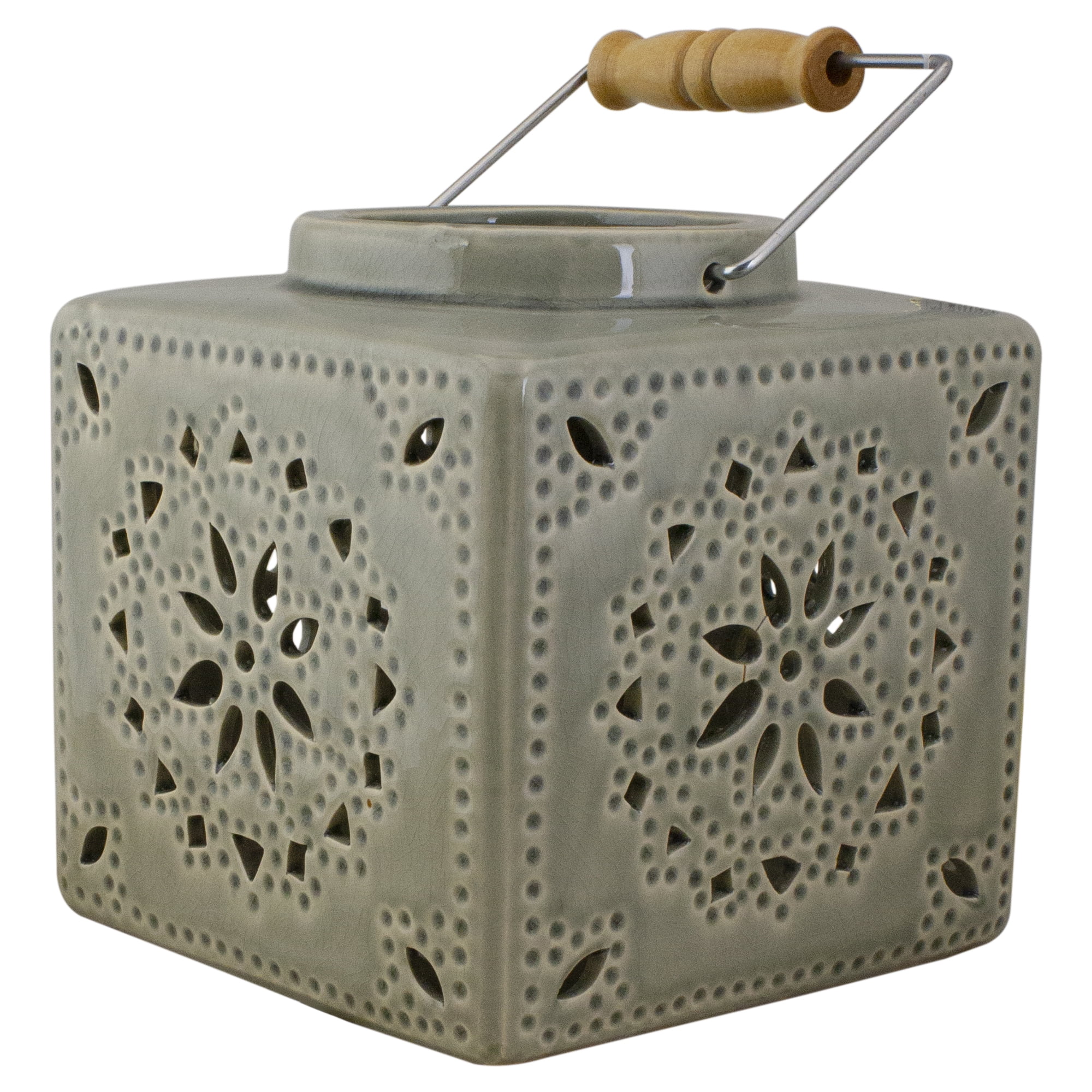 Olive Green Ceramic Hanging Candle Lantern with Mosaic Cutout