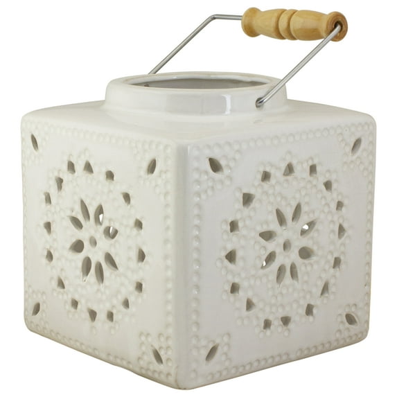 Koopman International 6.75" White Crackle Finish Square Mosaic Cut Out Candle Lantern