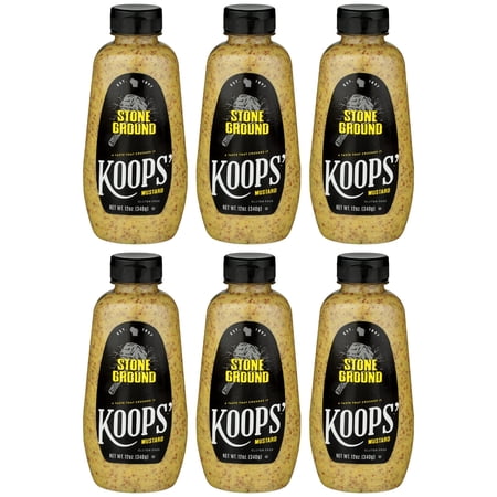 Koops' Stone Ground Mustard – Old-Fashioned Mustard, Gluten-Free, Kosher, Non-GMO, Made in the USA, From Quality Mustard Seeds, Robust and Coarse Flavor – 12 Oz, Pack of 6