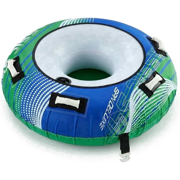 Koorium Inflatable Towable Tube for Water Sports, Boat Tubes and Towable for 1 Rider, Classic Round Stable Ride, 56" Nylon Cover, 4 Padded Handles, Quick Connect, Smooth & Controlled