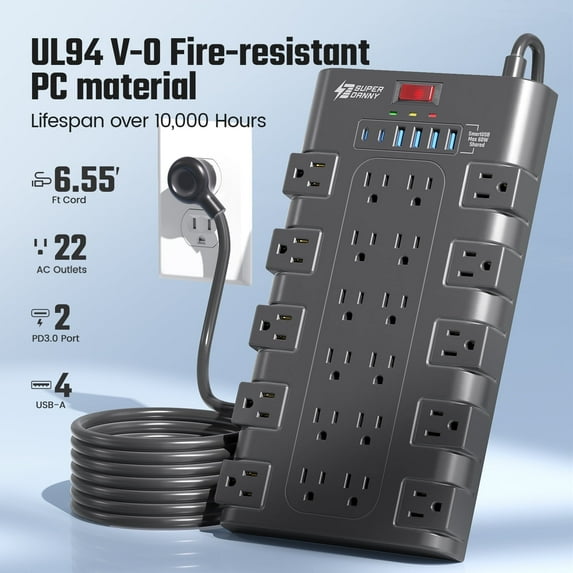 Koosom 28 Outlet USB Power Strip Surge Protector, 45W Type C Fast Charging Port, 6.55ft Extension Cord, 22 AC Outlet, 5 USB A Ports, 2 USB C Port