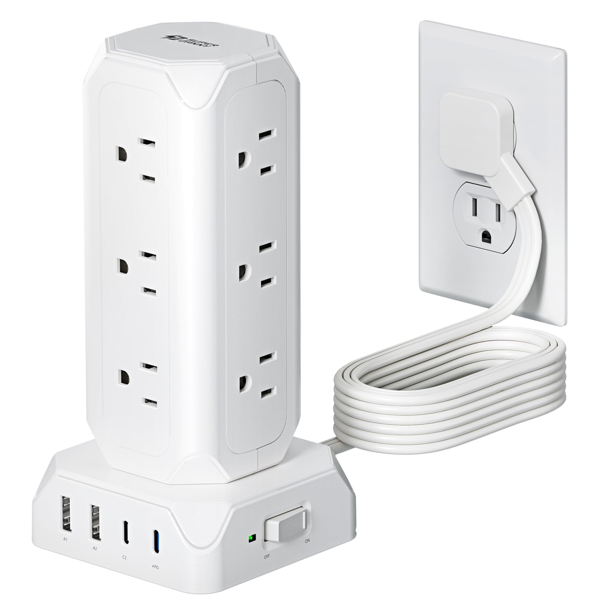 Koosom 35W Power Strip Tower,10FT Long Extension Cord,16-Outlet USB C Surge Protector, 12 AC Outlet,2 USB C and 2 USB A Ports Charging Staion