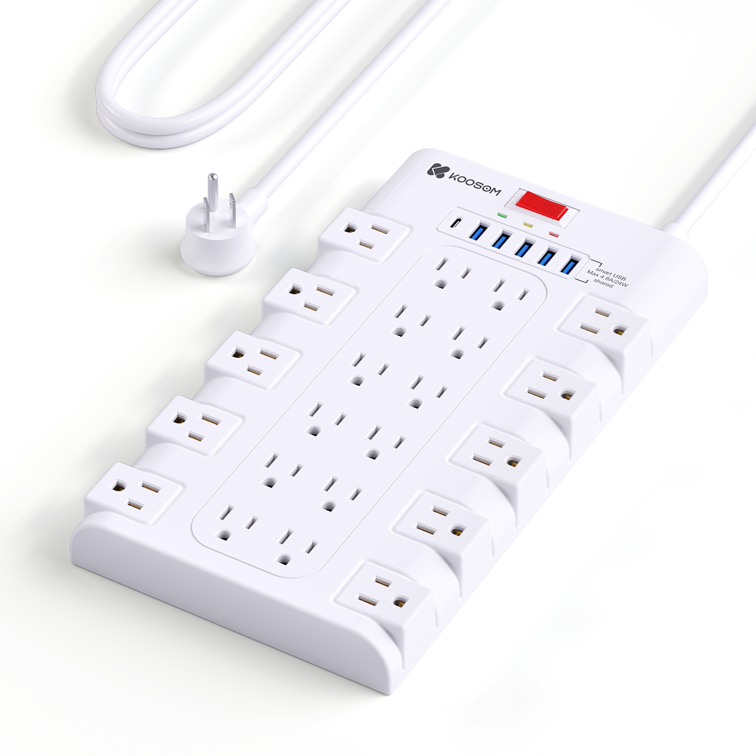 Koosom 28 Outlet Surge Protector Kit with 6.5ft Extension Cord, New, 1 Count, 1 Pack,White