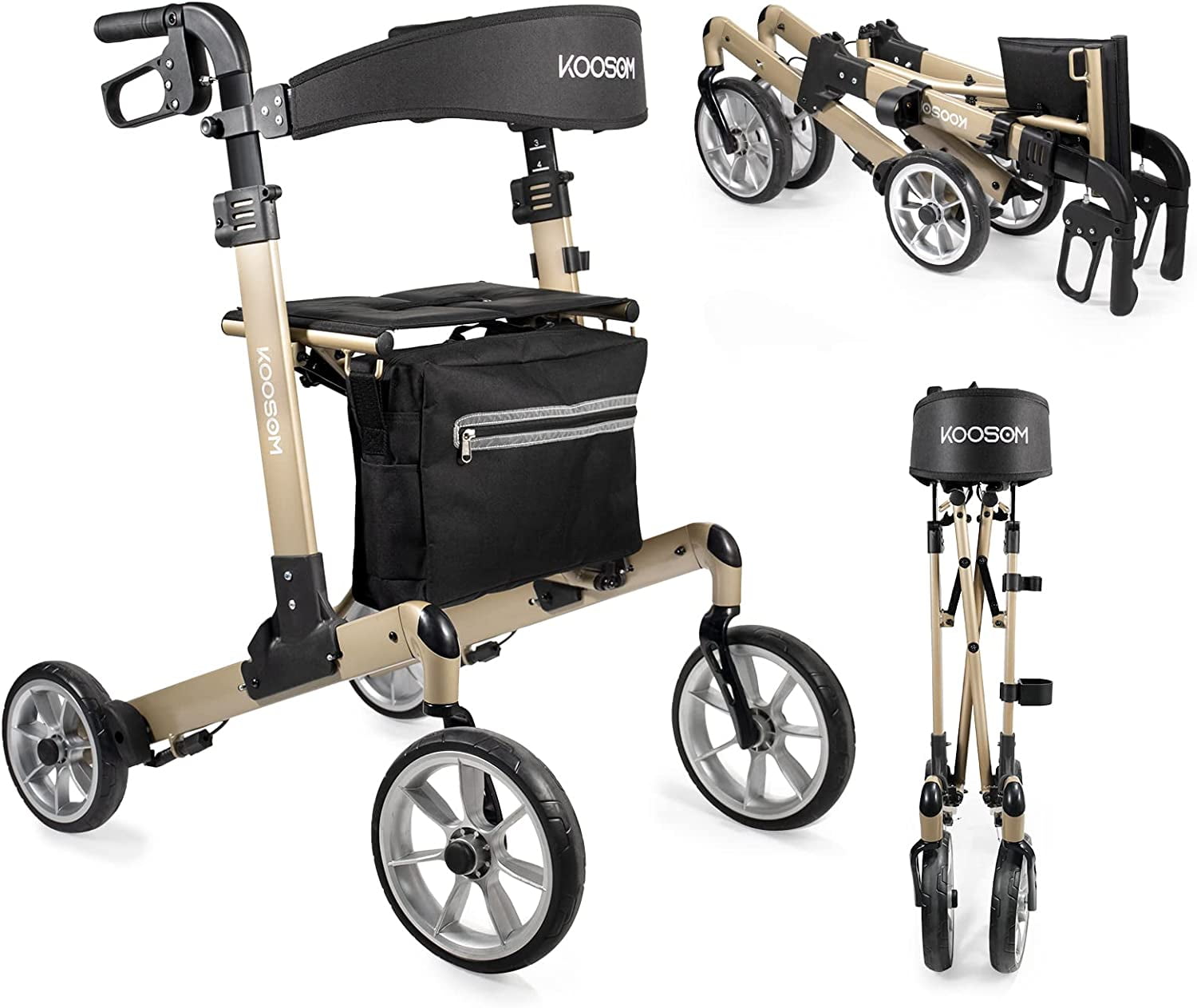 Koosom Rollators 10" Wheels Rollator Walkers with Seat Bultin Brake Cable Foldable for Seniors