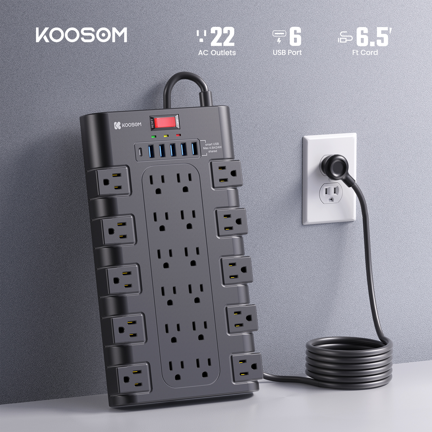 KOOSOM Surge Protector Power Strip,Charging Station 22 Outlets with 45W Type-C Fast Charging USB Ports, 4 USB-A, 2 USB-C, 2100J, 15A/1875W, 6.5Ft Flat Plug Extension Cord