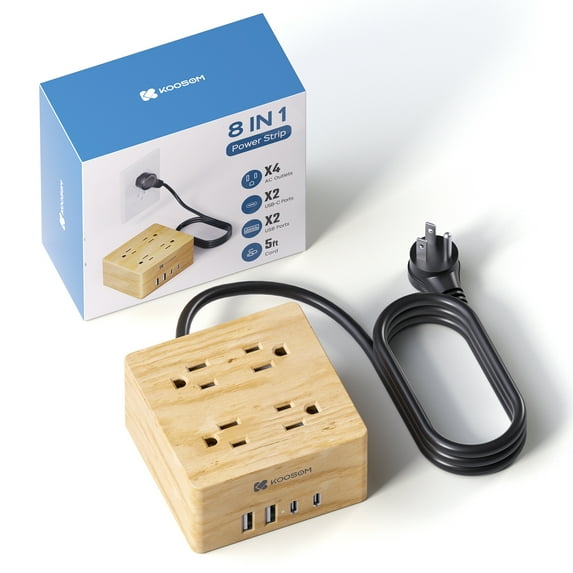 KOOSOM Power Strip Surge Protector - Extension Cord with 4 Widely Spaced Outlets & 4 Smart USB Ports