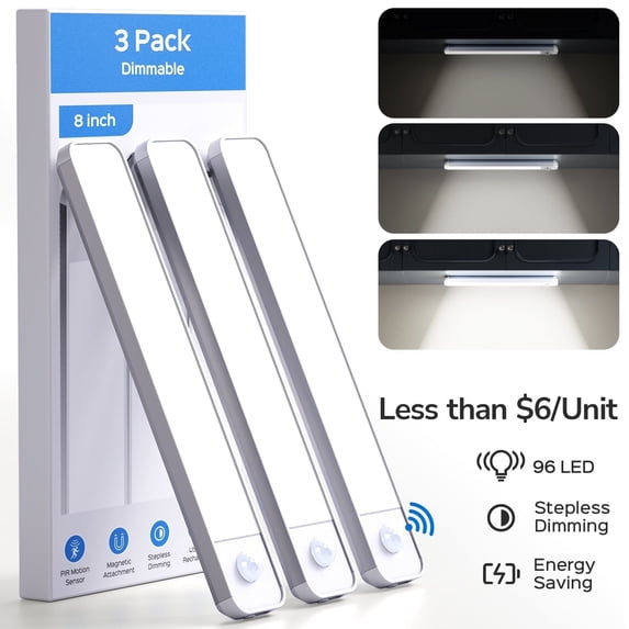 Koosom 96 LED Under Cabinet Lights, USB C Rechargeable Closet Counter Lighting Kit with Motion Sensor and Magnetic Strip, Battery Operated Wireless Stick up Light for Wardrobe, 3 Pack