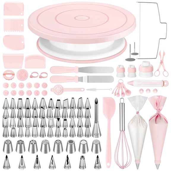 Kootek 160 Pcs Cake Decorating Kit, Baking Supplies Tools with Cake Turntable Stand, 64 Piping Tips with Pattern Chart, 52 Pastry Bags