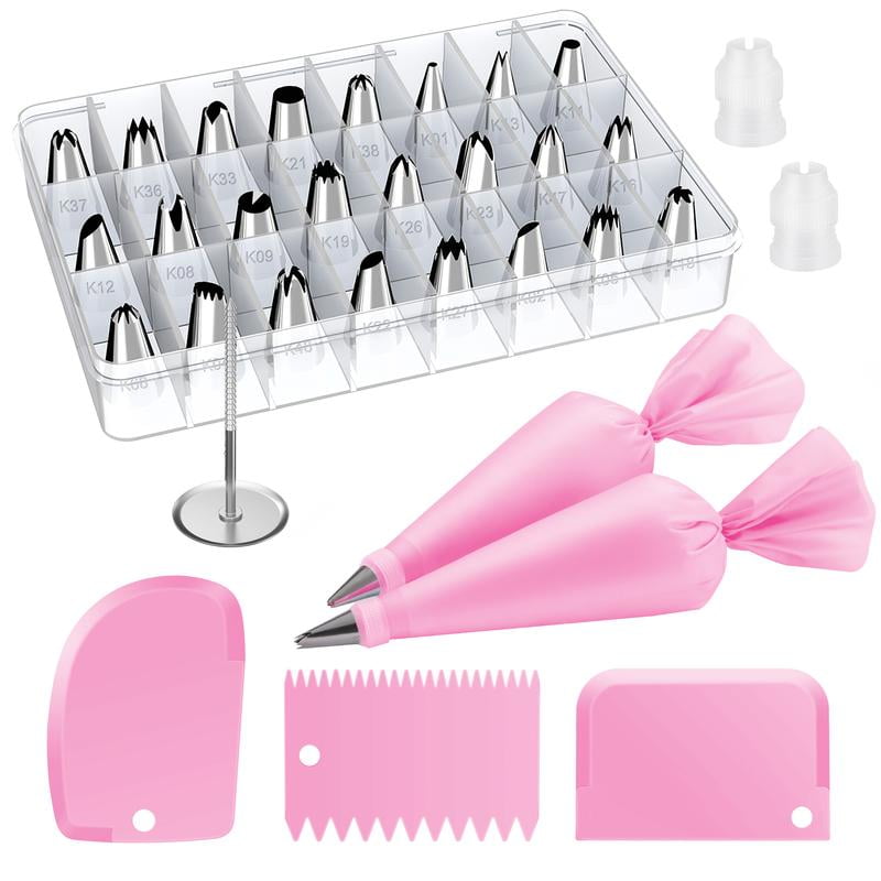 Kootek 32-Piece Cake Decorating Kit - 24 Stainless Steel Piping Tips, 2 Reusable Bags, Scrapers, Couplers & Storage Case