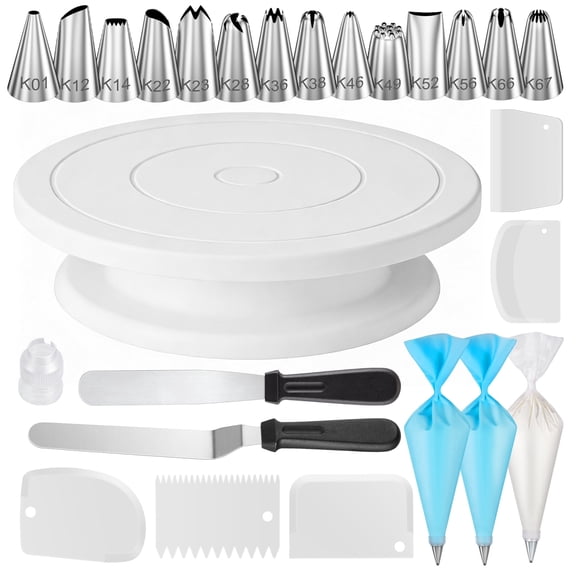 Kootek 75 Pcs Cake Decorating Kit, Baking Supplies Tools with Cake Turntable Stand, 14 Piping Tips Set with Pattern Chart, 52 Pastry Bags, Coupler, Angled & Straight Spatula, 5 Icing Scraper Smoother