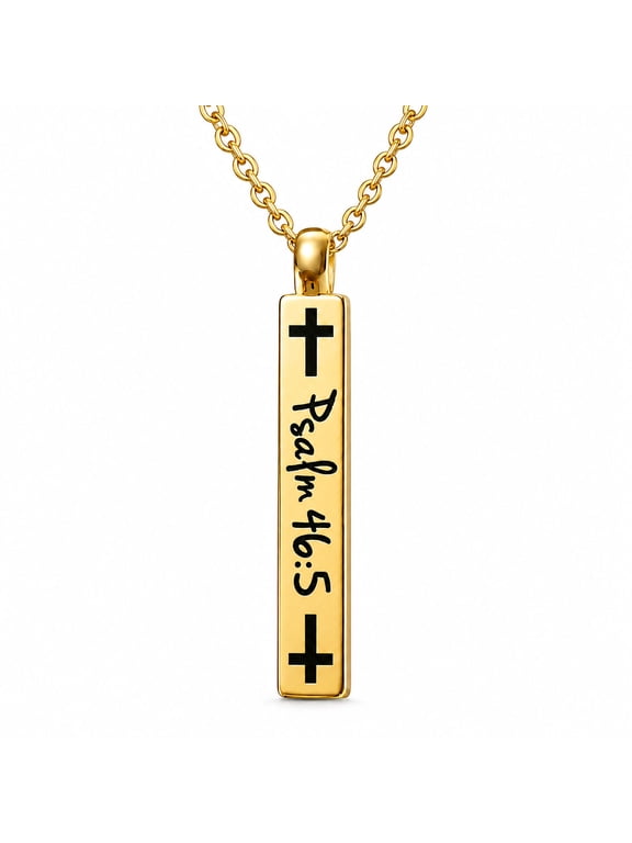14K Gold Plated Bible Verse Necklace Men Psalm 46:5 Engraved Bar Pendant Black Cross Christian Gifts for Men