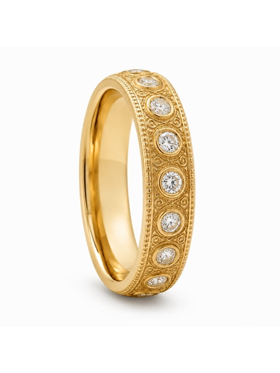 14K Gold Plated Men's Ring, Vintage Milgrain Band with Sparking Cubic Zirconia, Minimalist Luxury Wedding,Size#10