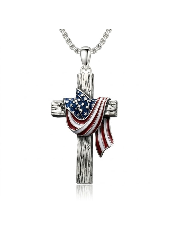 American Flag Cross Necklace for Men, Oxidized Silver Patriotic Crucifix,Patriotic Jewelry