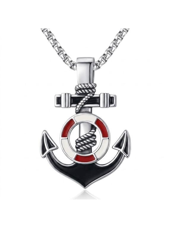 Anchor Necklace for Men, White Gold Plated Lifebuoy Pendant, Inspirational Graduation Gift with 22"+2" Chain