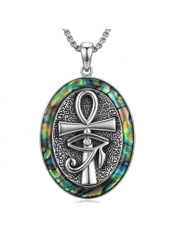 Ankh Necklace for Men Women, Platinum Plated Eye of Horus Medal with Abalone Shell, Egyptian Protection Jewelry
