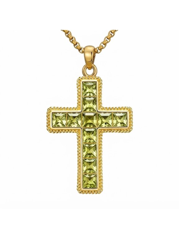 Birthstone Necklace for Men December Olive Green Cross Pendant 40mm 14K Gold Plated Christian Jewelry