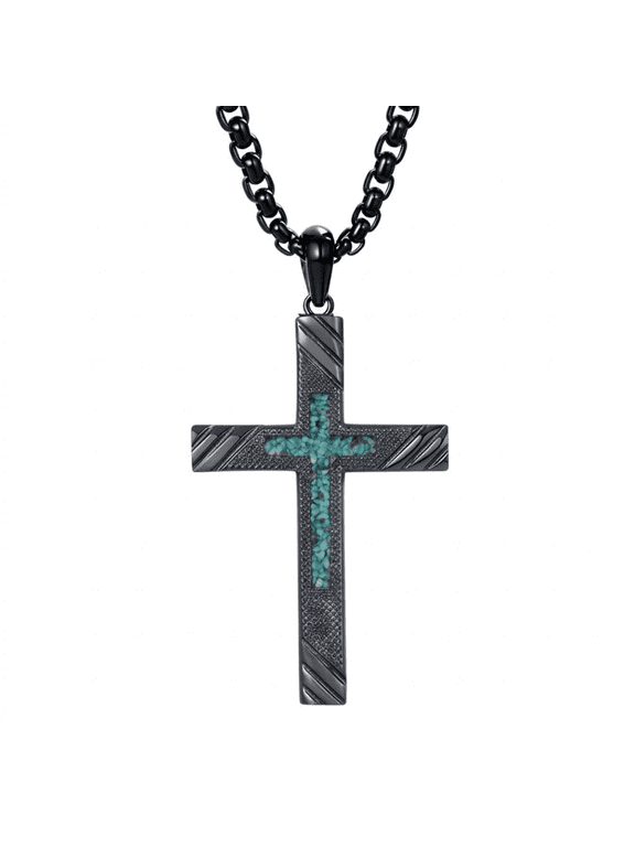 Turquoise Cross Necklace for Men, Black Gold-Plated Christian Religious Fashion Jewelry Gift