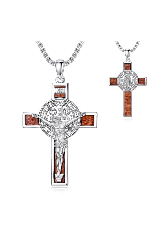 Catholic Cross Necklace for Men, St. Benedict Walnut Wood Crucifix, Protection Gift