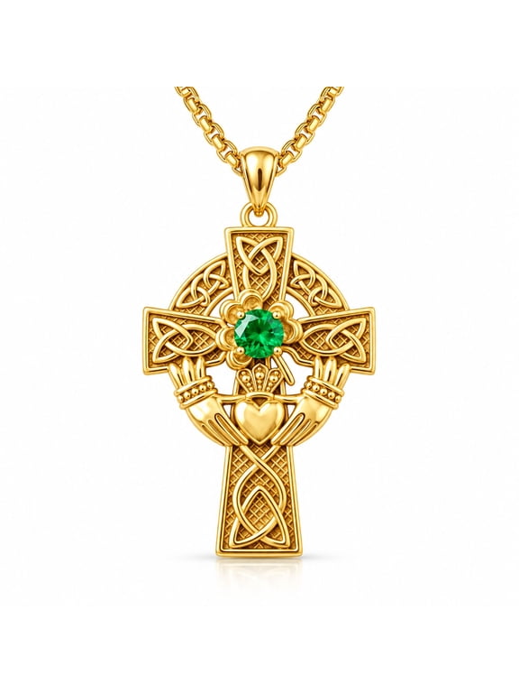 Celtic Cross Necklace for Men, 14K Gold Plated Irish Claddagh Cross Pendant, Green Stone Christian Jewelry Gift