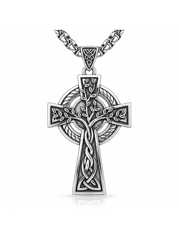 Celtic Cross Necklace Tree of Life Pendant Antique White Gold Plated Ireland Jewelry