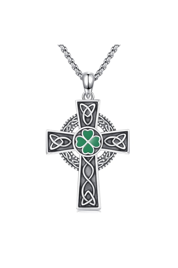 Celtic Cross Necklace for Men Women, Oxidized Silver with Green Clover, Patron Saint of Ireland, Catholic Protection Gift
