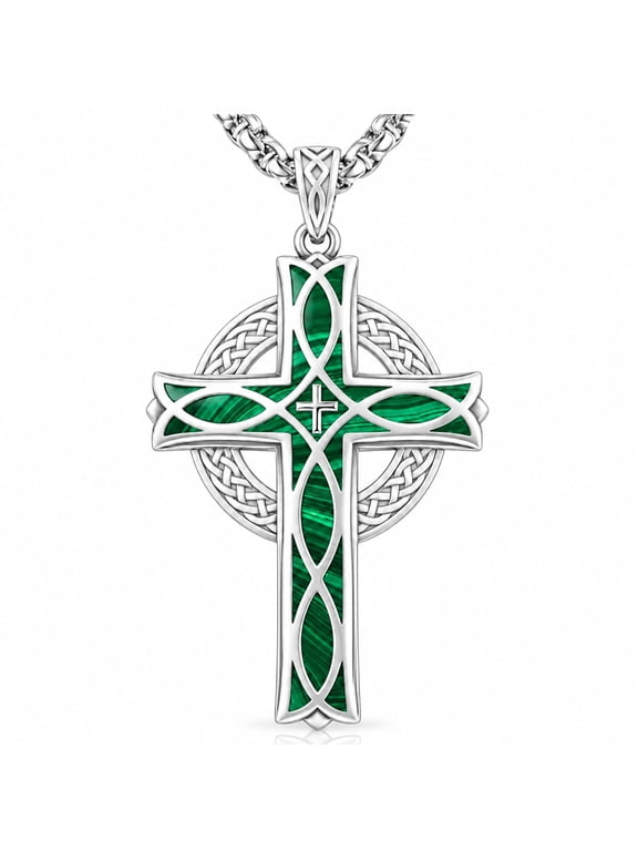 Celtic Cross Necklace for Men Women, Oxidized Silver with Malachite, Patron Saint of Protection, Irish Catholic Gift
