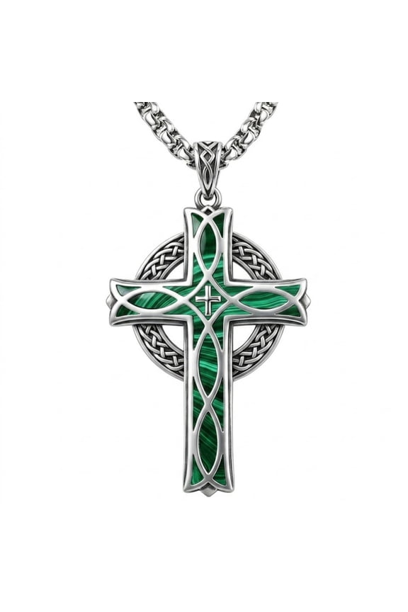 Celtic Cross Necklace for Men Women, Oxidized Silver with Malachite, Patron Saint of Protection, Irish Catholic Gift