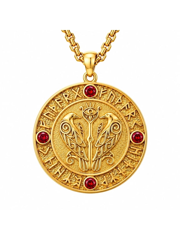 Compass Necklace for Men Odin Raven Pendant 30mm 14K Gold Plated Norse Rune Red Zircon Viking Jewelry