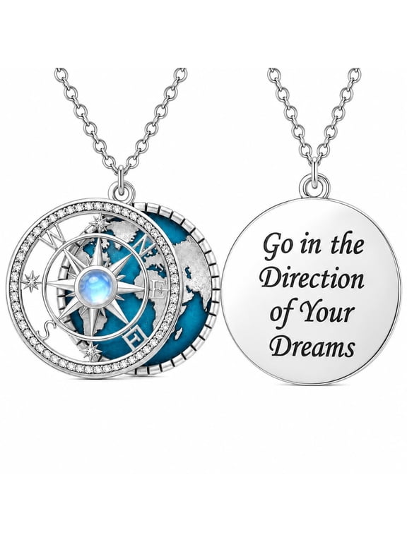 Compass Necklace for Men Rotating Globe Pendant 14K Gold Plated Moonstone Engraved “Go in Direction of Your Dreams”