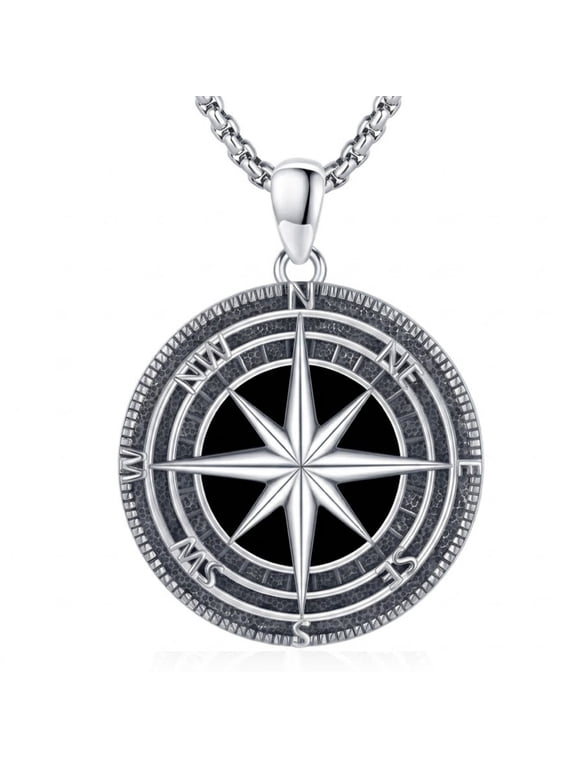 Compass Necklace for Men, White Gold Plated Black Onyx North Star Pendant, Nautical Jewelry Gift
